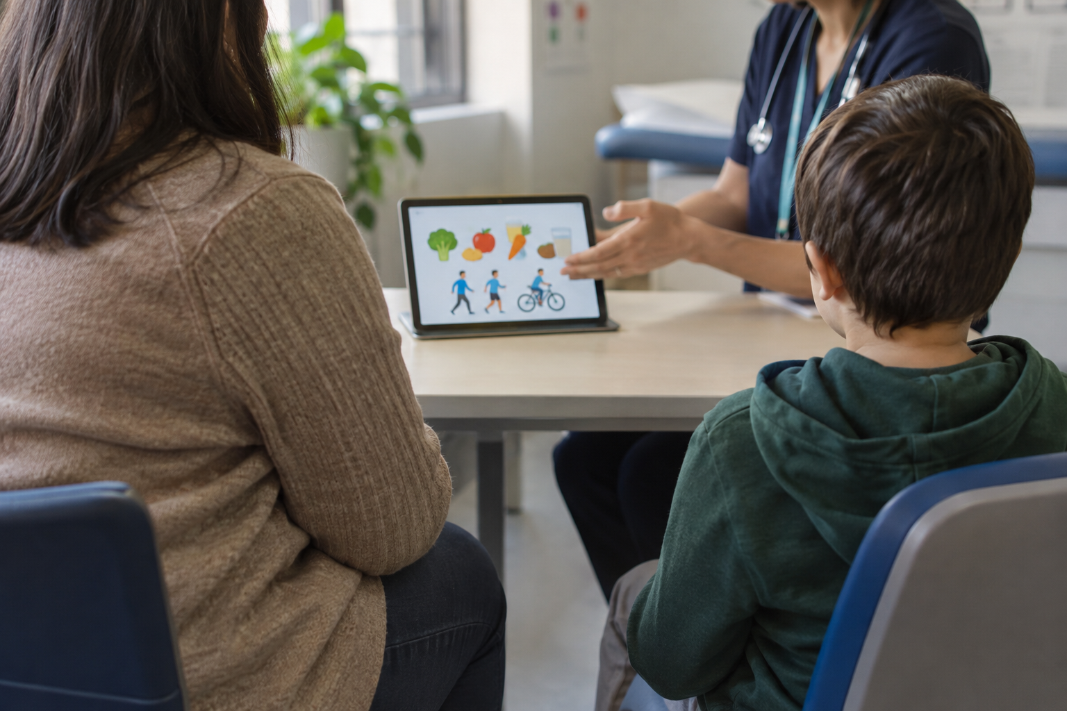 Child and parent discussing healthy eating with a clinician following WHO guidance on weight-loss injections