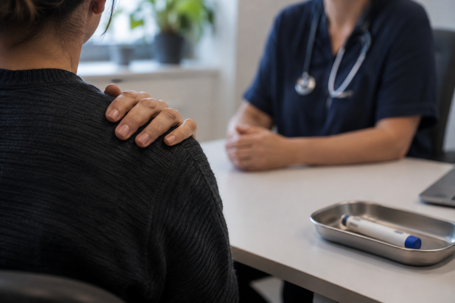 Patient discussing shoulder pain with a clinician, with an unbranded GLP-1 injection pen on the desk