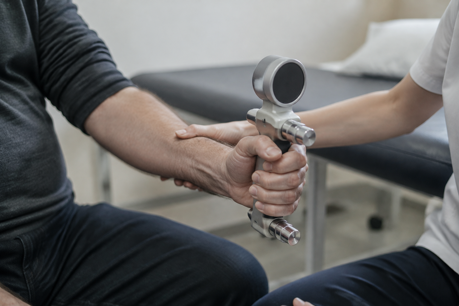 A patient completes a clinical grip-strength test, a measure used to assess concerns about GLP-1 muscle loss.