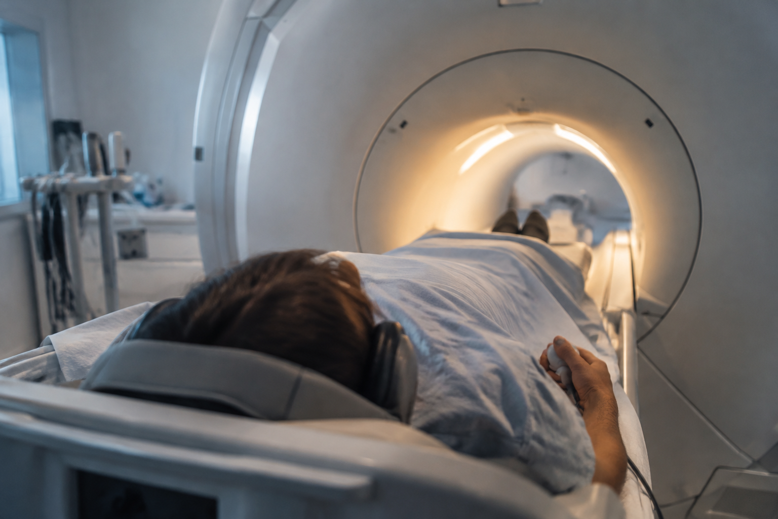 Anonymous participant holding a response button in an MRI scanner for research into GLP-1 drugs and spending