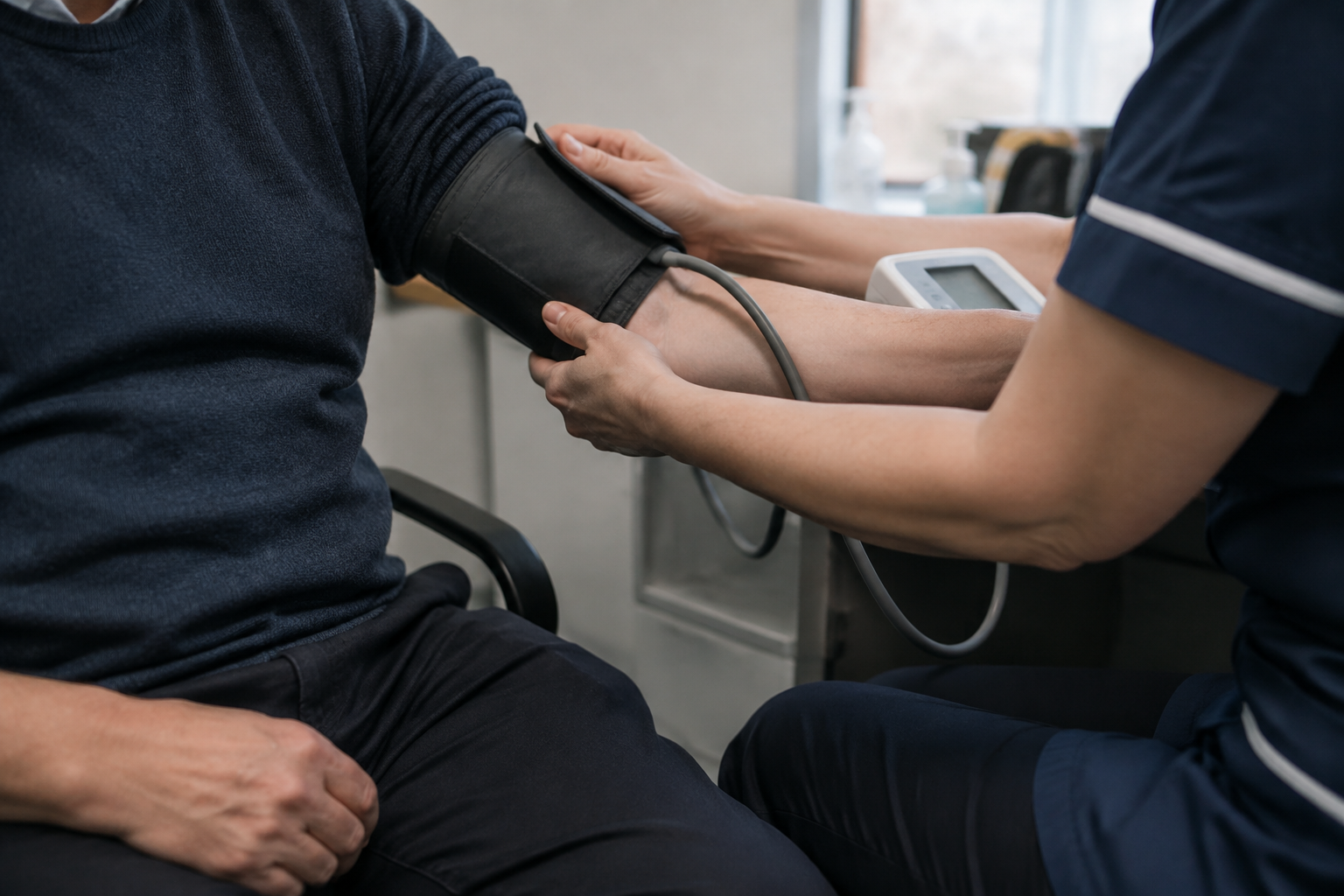 A clinician checks a patient’s blood pressure during a consultation about stopping GLP-1 medicines