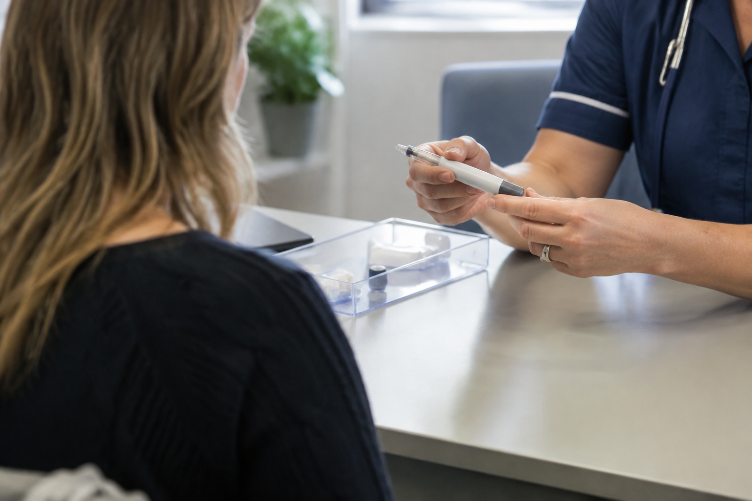 Clinician demonstrates an injection pen during a UK consultation about Mounjaro treatment and side effects
