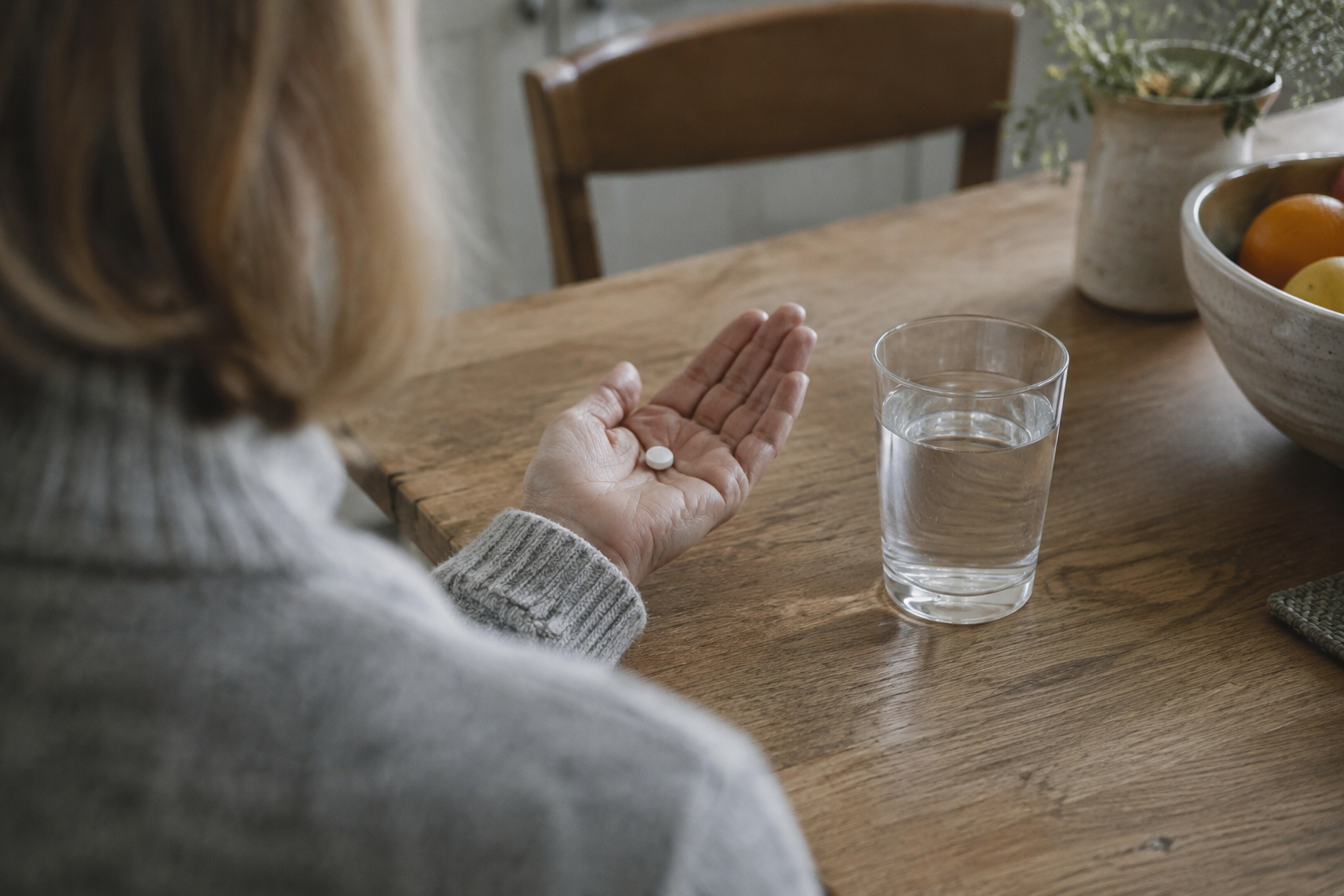 Woman holding a tablet beside a glass of water, illustrating research on orforglipron and menopause weight loss