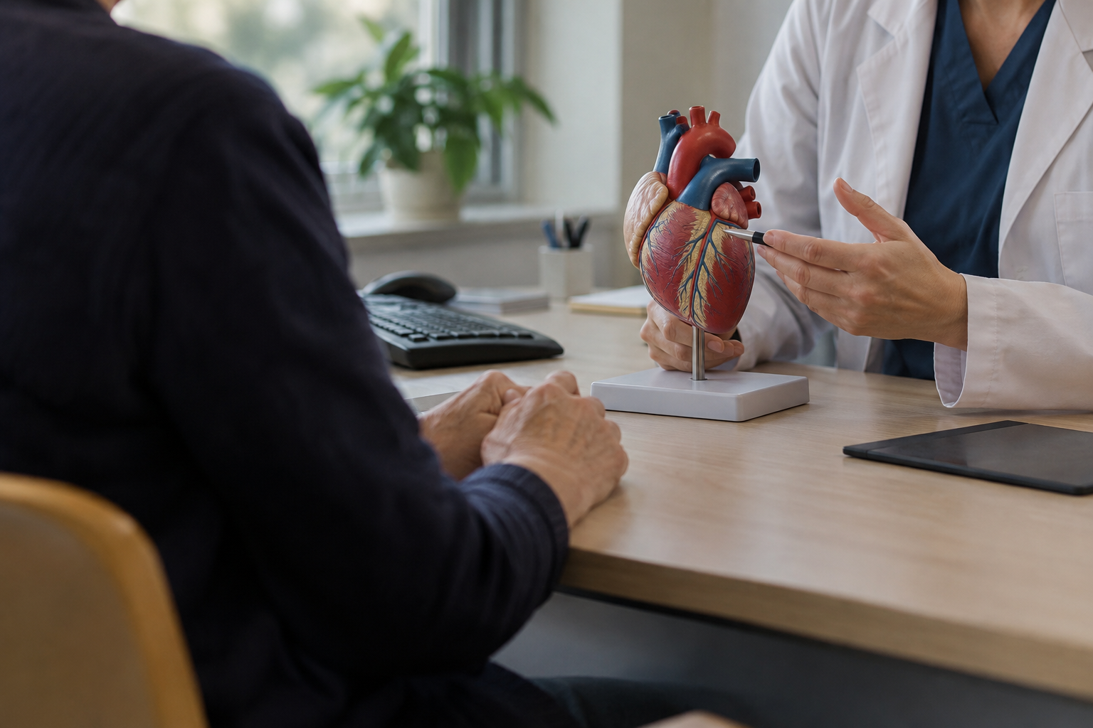A clinician discusses Wegovy heart benefits with a patient beside an anatomical heart model in a consulting room.