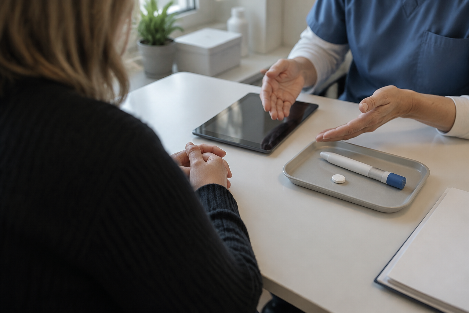 Patient discussing Wegovy pill treatment with a clinician, with a plain tablet and injection pen on a tray