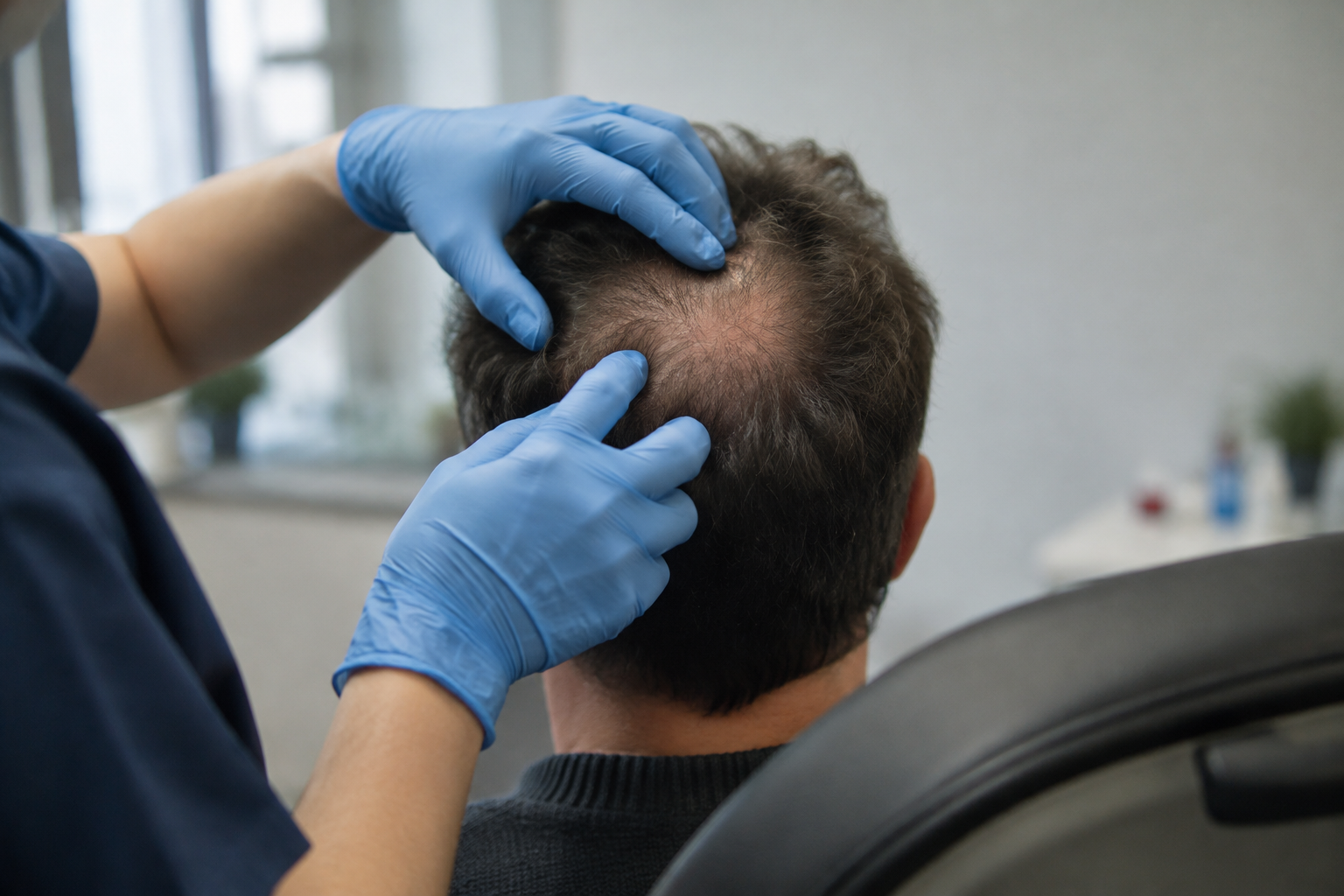 Clinician examining an anonymous patient's scalp during a consultation about hair loss while taking Mounjaro